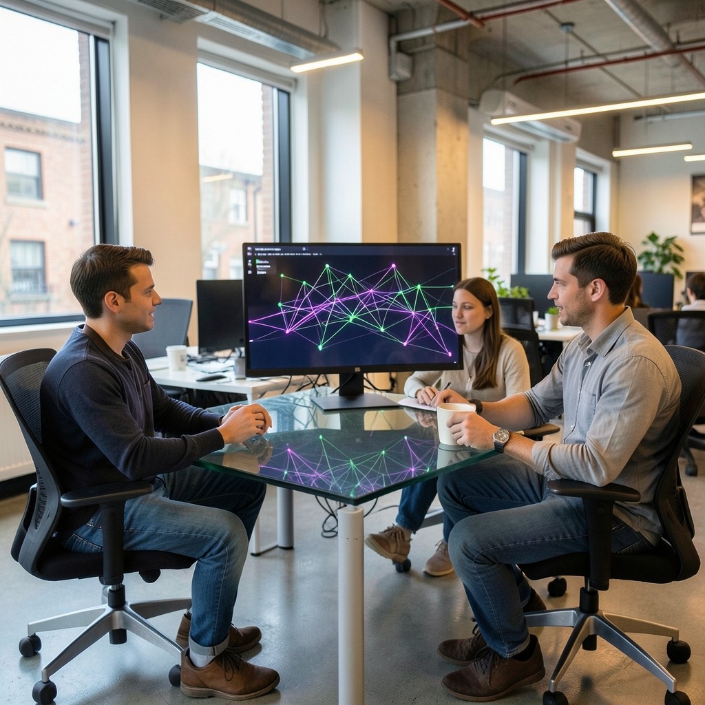 Small team collaborating around a desk with monitors showing abstract purple and green network graphics
