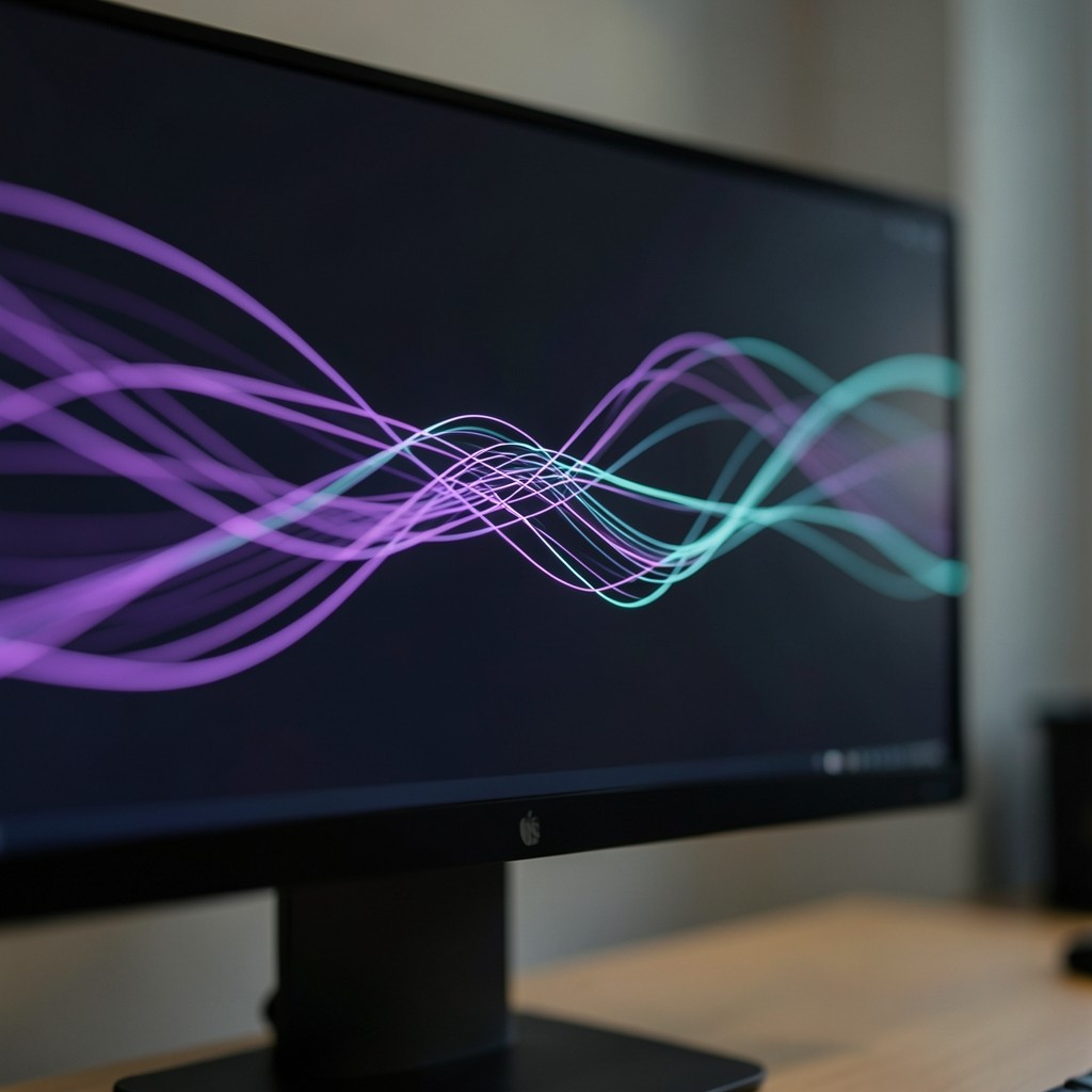 Monitor close-up with abstract transaction flow lines in purple and cyan on dark background