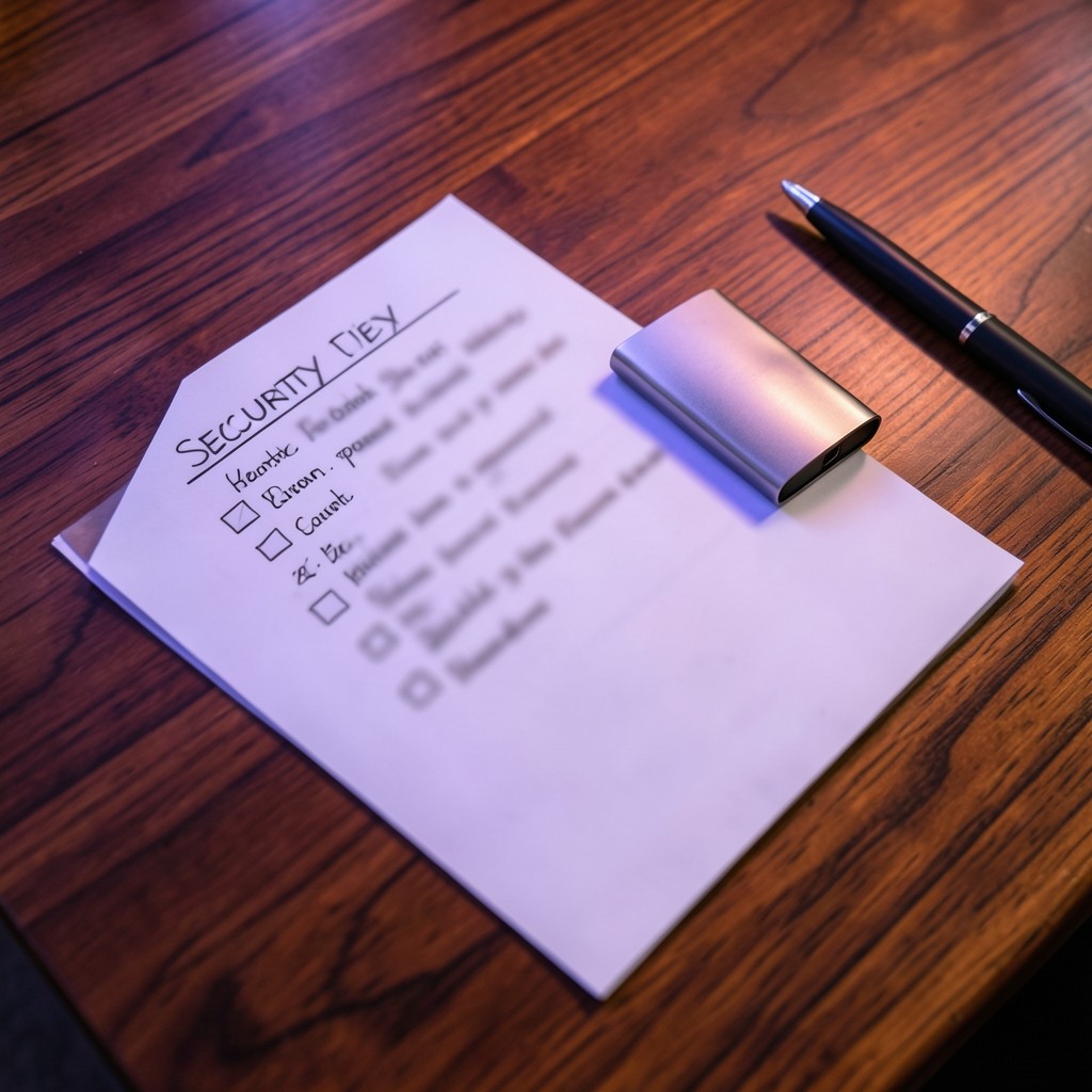 Handwritten notes beside a hardware wallet on a wooden desk with soft violet side lighting