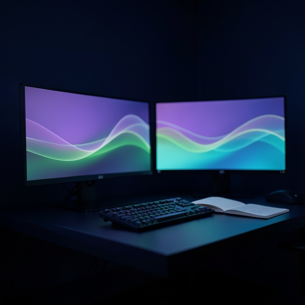 Abstract Solana-inspired gradient waves on a dark desktop workspace with monitor glow