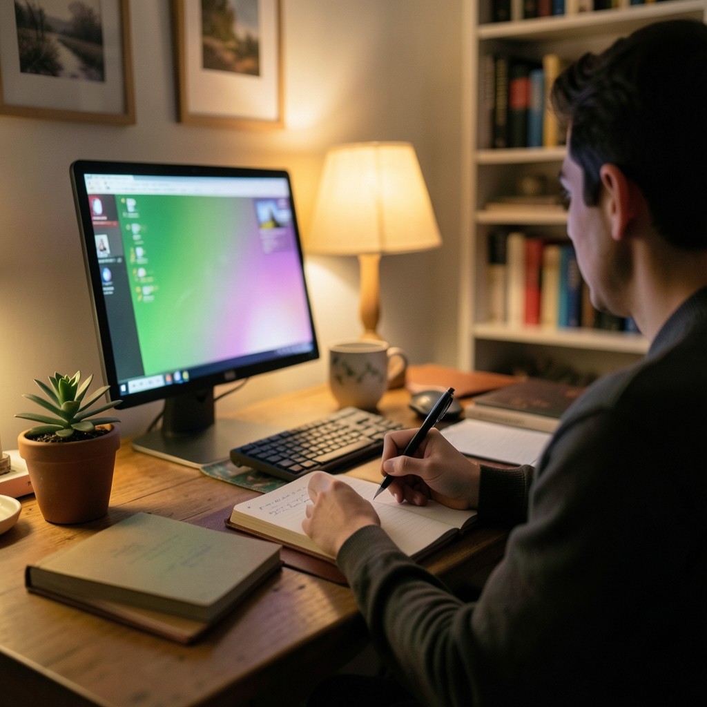 Reader writing notes at a desk with soft green and purple light from a monitor