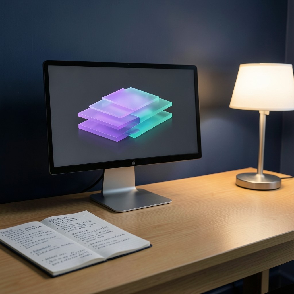 Soft-lit desk with open notebook and monitor showing abstract layered blocks in teal and violet