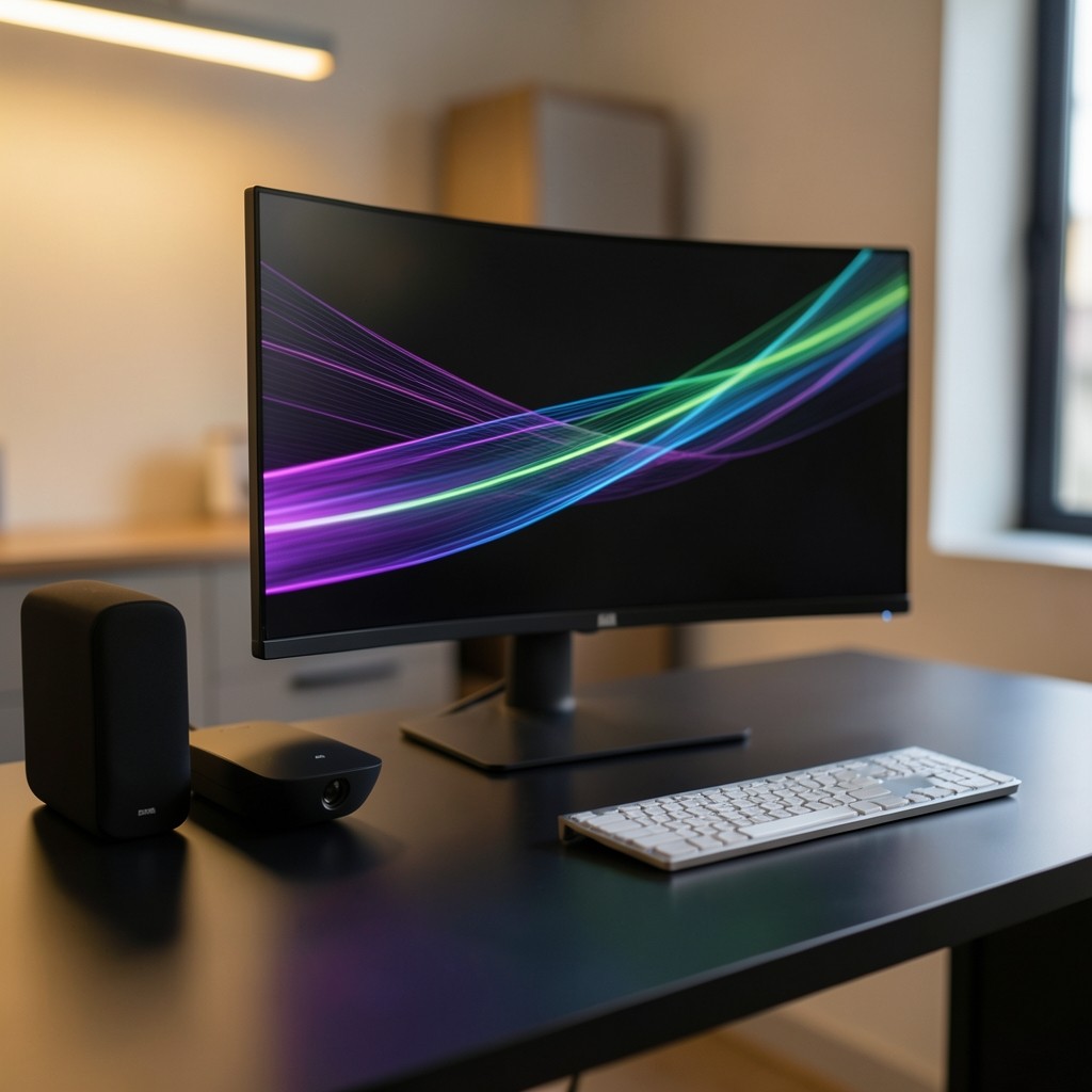 Wide curved monitor on minimalist desk displaying abstract data streams in Solana gradient colours