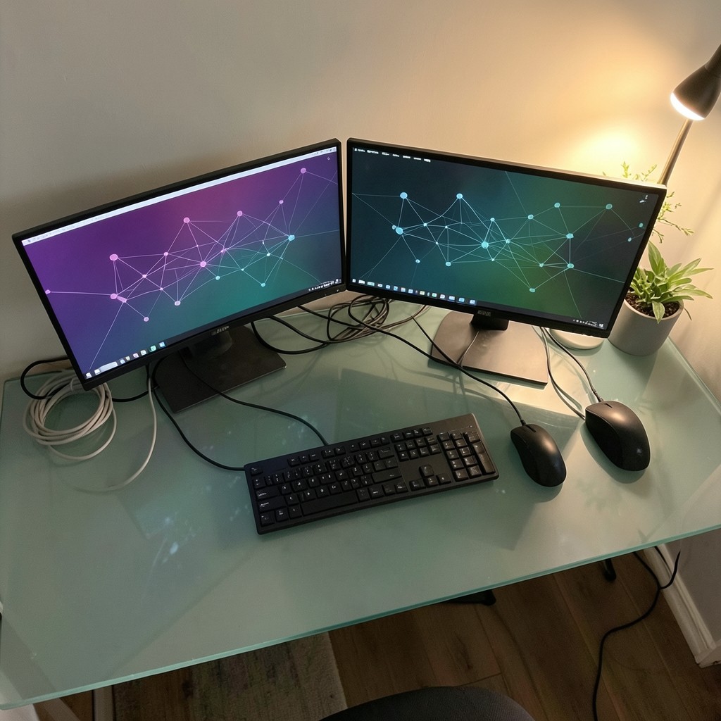 Organised desktop workspace with dual monitors showing abstract network visualisations in purple and green tones