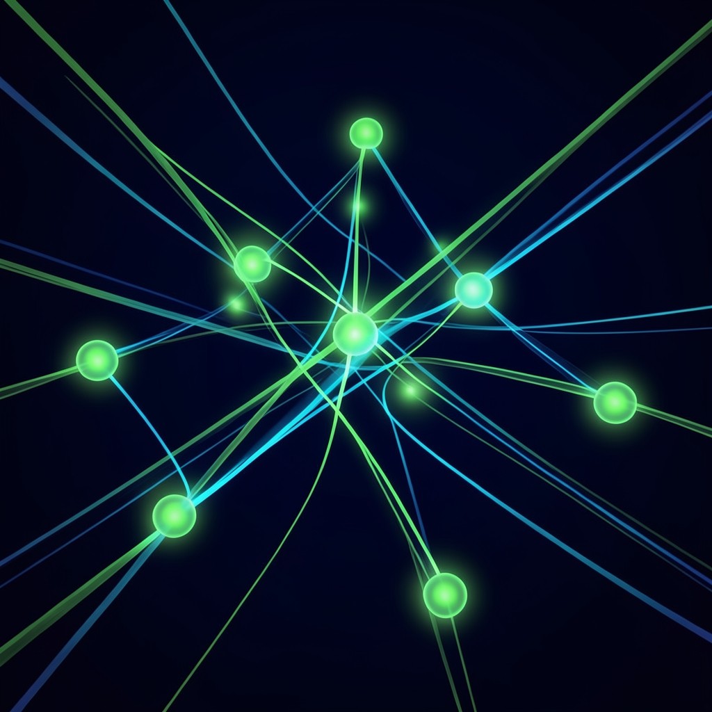 Abstract cluster of glowing nodes connected by green and blue lines on a dark background