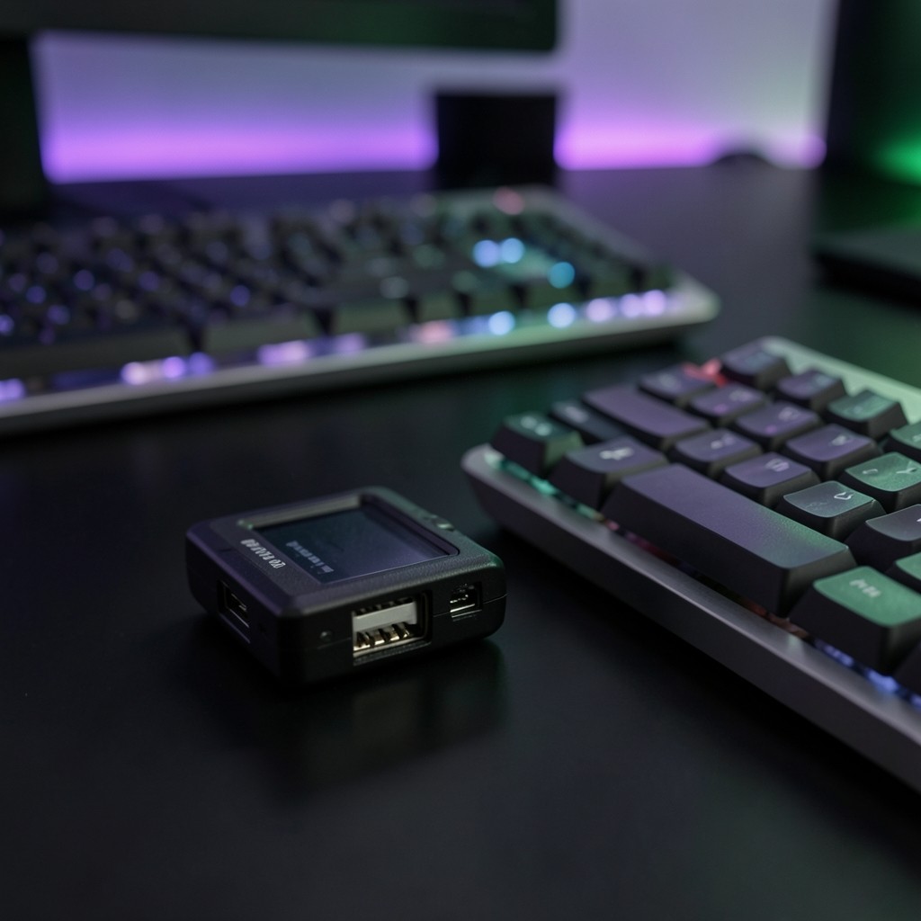 Close view of hardware wallet on dark desk beside keyboard with subtle purple ambient lighting