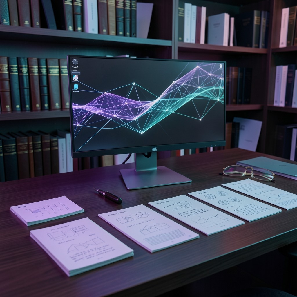 Wide study desk with organised reference cards and monitor showing abstract Solana gradient network map